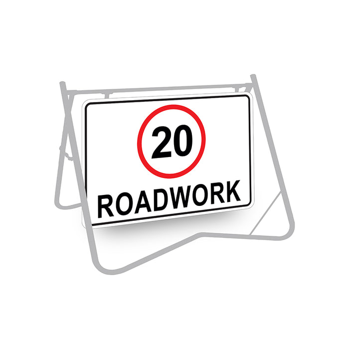 20 Roadwork (Speed Limit), 900 x 600mm Metal, Class 1 Reflective, Swing Stand