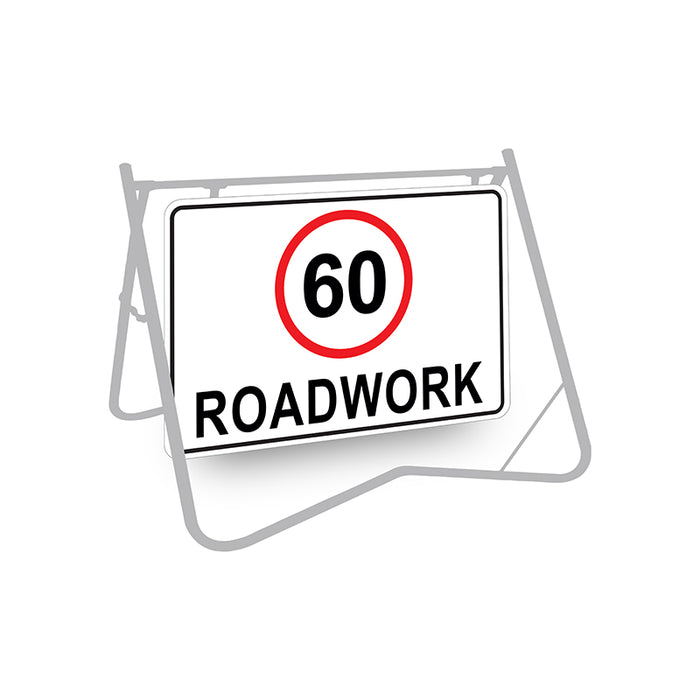 60 Roadwork (Speed Limit), 900 x 600mm Metal, Class 1 Reflective, Swing Stand