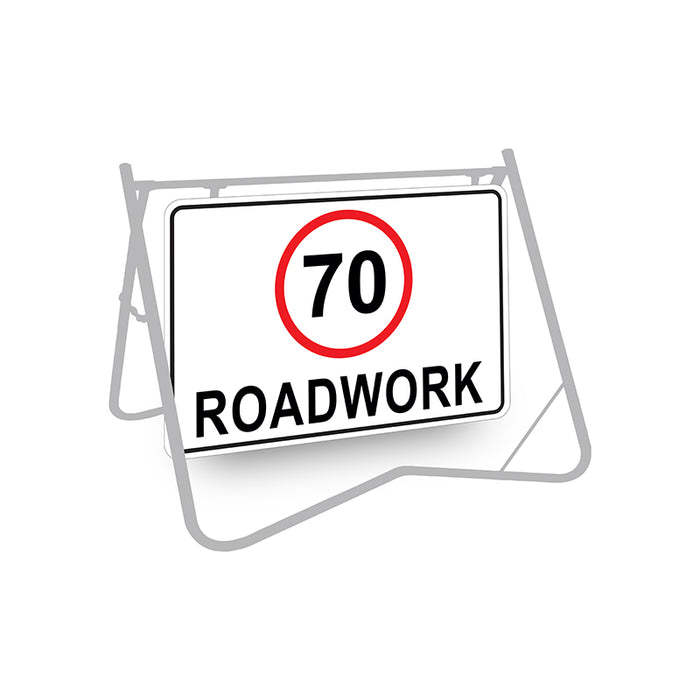 70 Roadwork (Speed Limit), 900 x 600mm Metal, Class 1 Reflective, Swing Stand