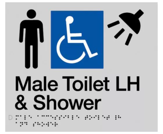 Braille Sign, Male Wheelchair Accessible Toilet & Shower Left Hand, 210 x 180mm, Silver/Black PVC