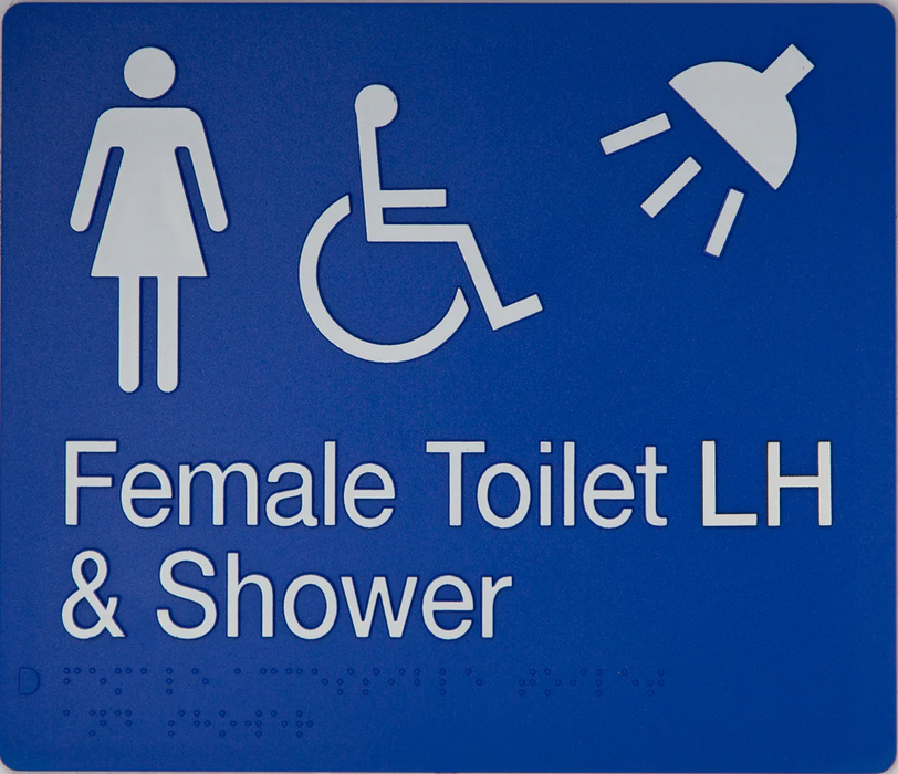 Braille Sign, Female Wheelchair Accessible Toilet & Shower Left Hand, 210 x 180mm, Blue/White PVC