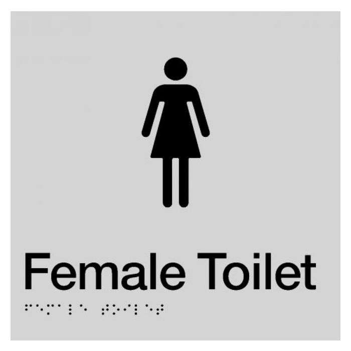 Braille Sign, Female Toilet, 180 x 180mm, Silver/Black PVC