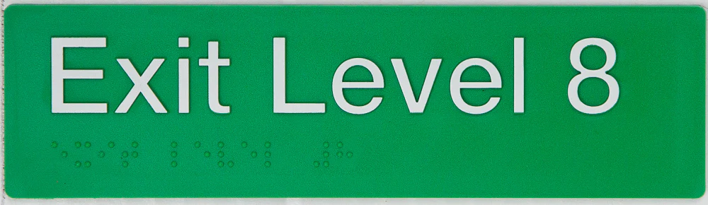 Braille Sign, Exit Level 8, 180 x 50mm, Green/White PVC