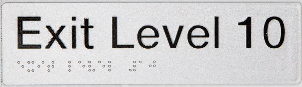 Braille Sign, Exit Level 10, 180 x 50mm, Silver/Black PVC