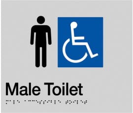 Braille Sign, Male Wheelchair Accessible Toilet, 210 x 180mm, Silver/Black PVC