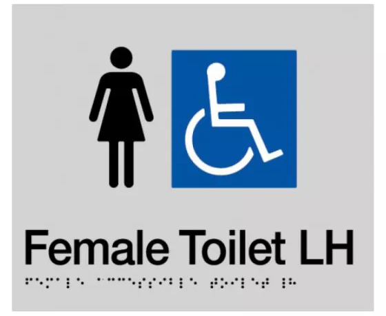 Braille Sign, Female Wheelchair Accessible Toilet Left Hand, 210 x 180mm, Silver/Black PVC