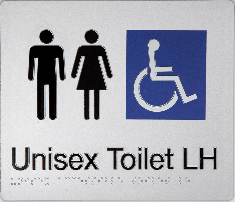 Braille Sign, Unisex Wheelchair Accessible Toilet Left Hand, 210 x 180mm, Silver/Black PVC