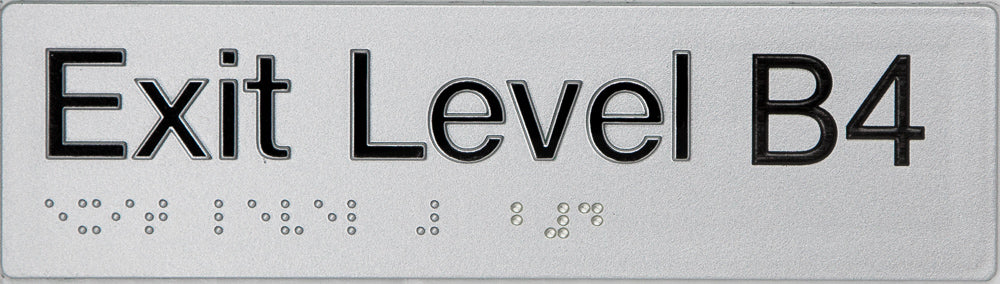 Braille Sign, Exit Level Basement 4, 180 x 50mm, Silver/Black PVC