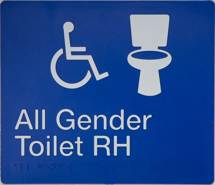 Braille Sign, All Gender Wheelchair Accessible Toilet Right Hand, 210 x 180mm, Blue/White PVC