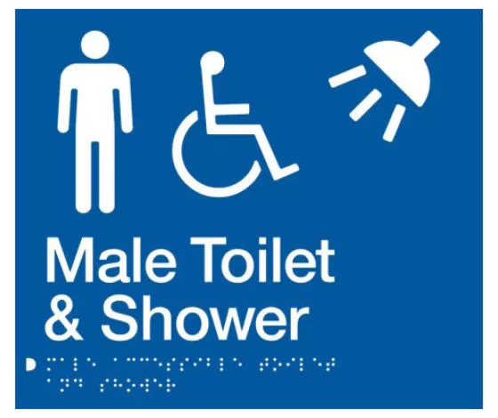 Braille Sign, Male Wheelchair Accessible Toilet & Shower, 210 x 180mm, Blue/White PVC