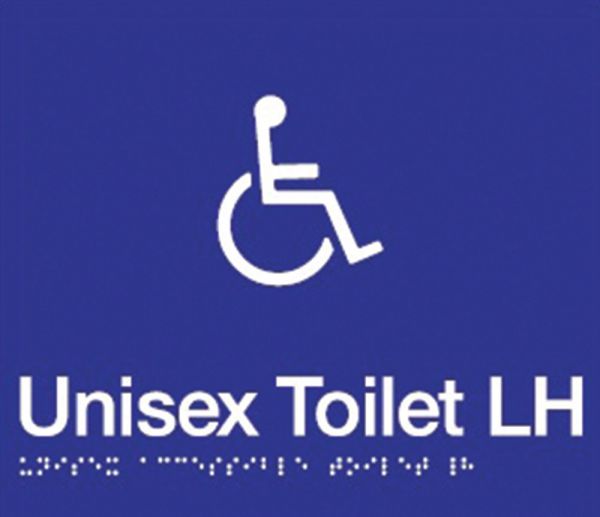 Braille Sign, Unisex Disabled Toilet Left Hand, 210 x 180mm, Blue/White PVC