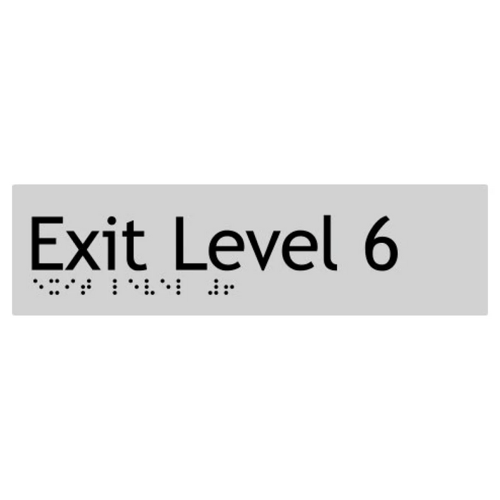 Braille Sign, Exit Level 6, 180 x 50mm, Silver/Black PVC