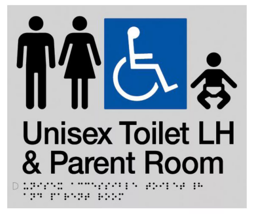 Braille Sign, Unisex Wheelchair Accessible Toilet LH & Parent Room, 210 x 180mm, Silver/Black PVC