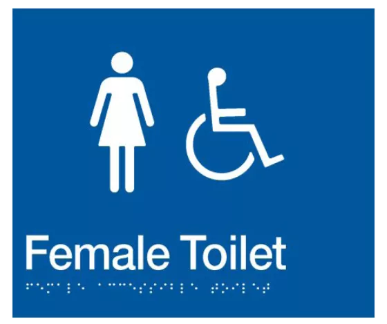 Braille Sign, Female Wheelchair Accessible Toilet, 210 x 180mm, Blue/White PVC