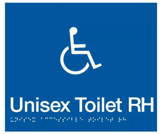 Braille Sign, Unisex Disabled Toilet Right Hand, 210 x 180mm, Blue/White PVC