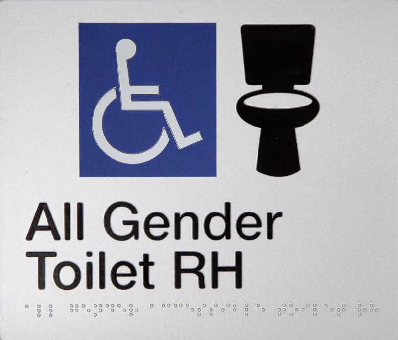 Braille Sign, All Gender Wheelchair Accessible Toilet Right Hand, 210 x 180mm, Silver/Black PVC