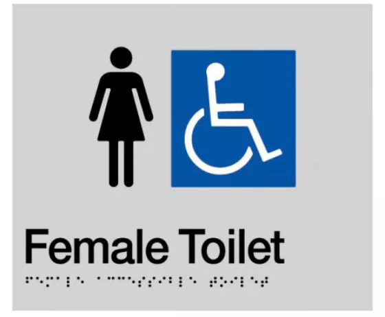 Braille Sign, Female Wheelchair Accessible Toilet, 210 x 180mm, Silver/Black PVC