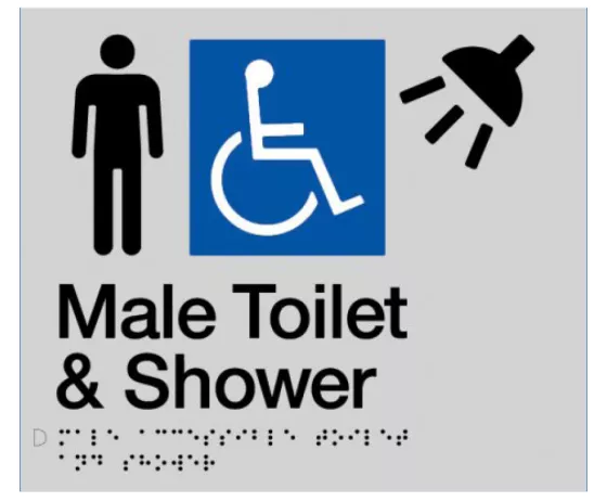 Braille Sign, Male Wheelchair Accessible Toilet & Shower, 210 x 180mm, Silver/Black PVC