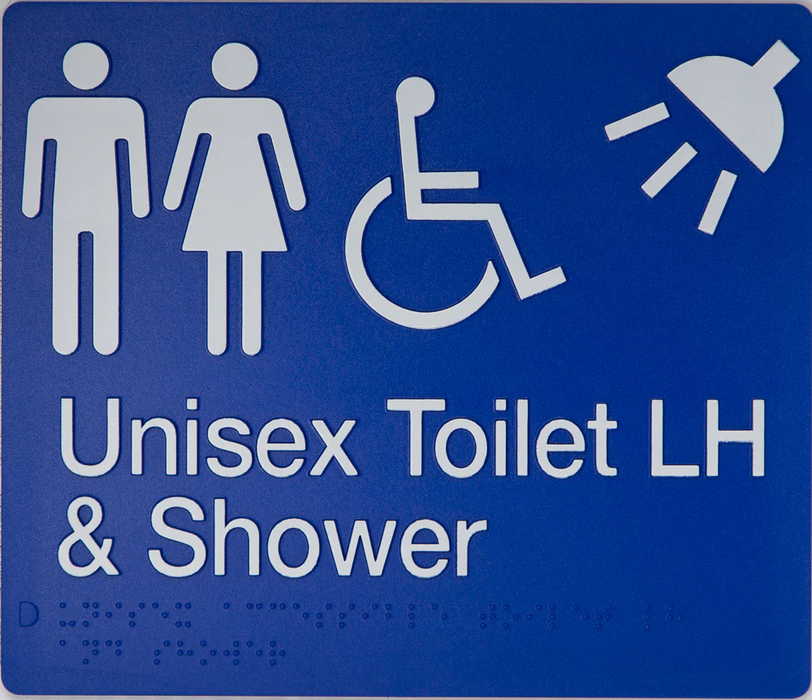 Braille Sign, Unisex Wheelchair Accessible Toilet & Shower Left Hand, 210 x 180mm, Blue/White PVC