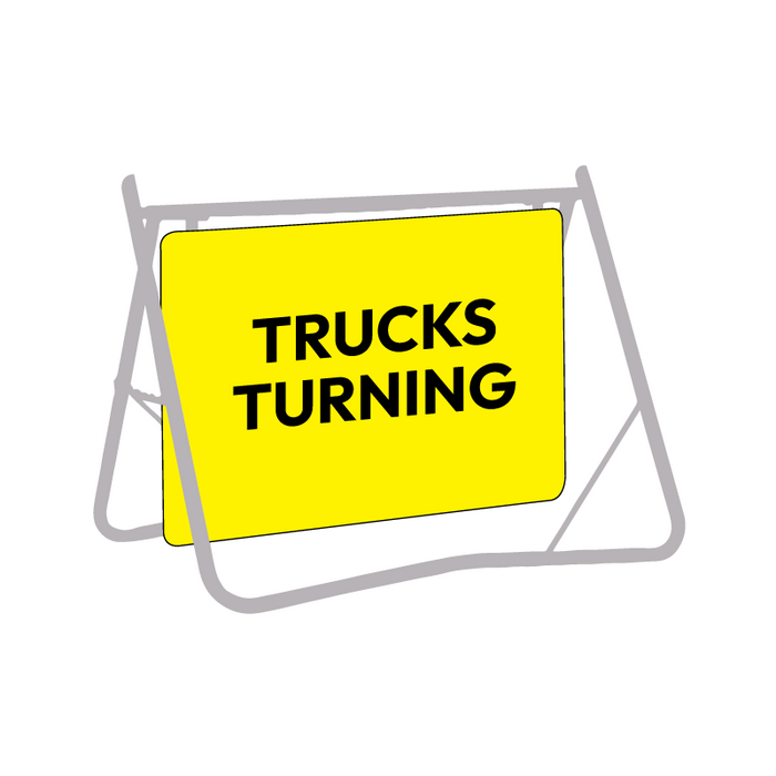 Trucks Turning (Text), 900 x 600mm Metal, Class 1 Reflective, Swing Stand