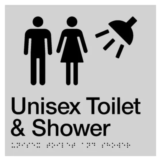 Braille Sign, Unisex Toilet & Shower, 180 x 180mm, Silver/Black PVC