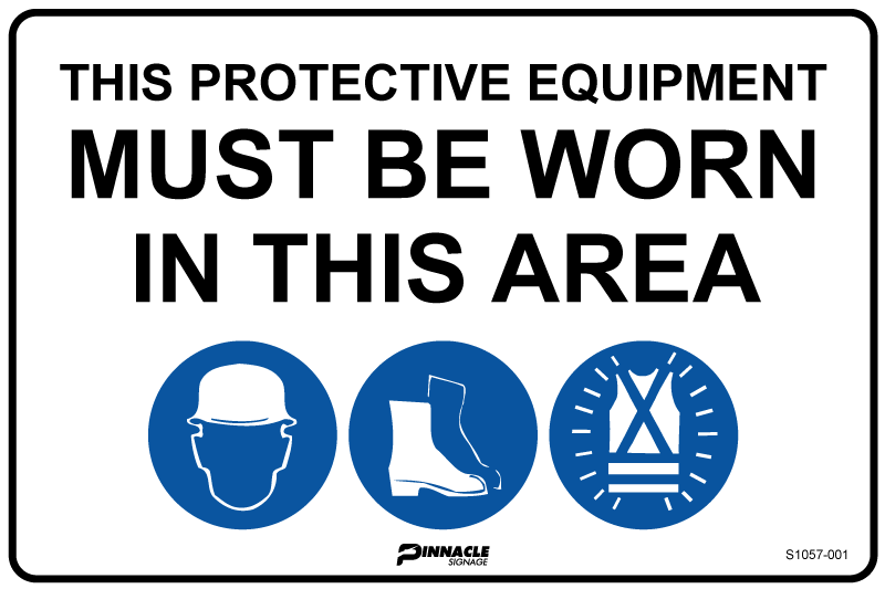 Combination Mandatory Sign, In This Area, Hardhat, Footwear, Hi Vis