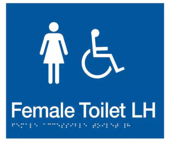 Braille Sign, Female Wheelchair Accessible Toilet Left Hand, 210 x 180mm, Blue/White PVC