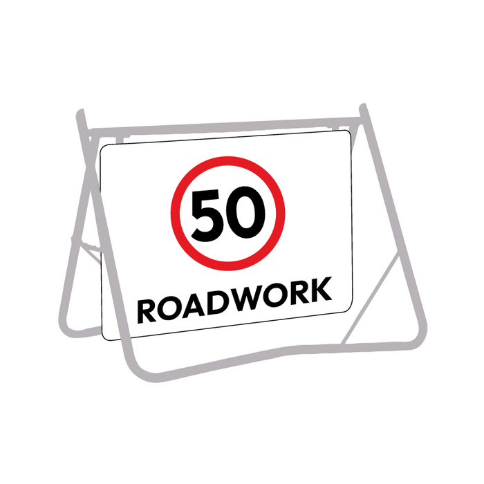 50 Roadwork (Speed Limit), 900 x 600mm Metal, Class 1 Reflective, Swing Stand