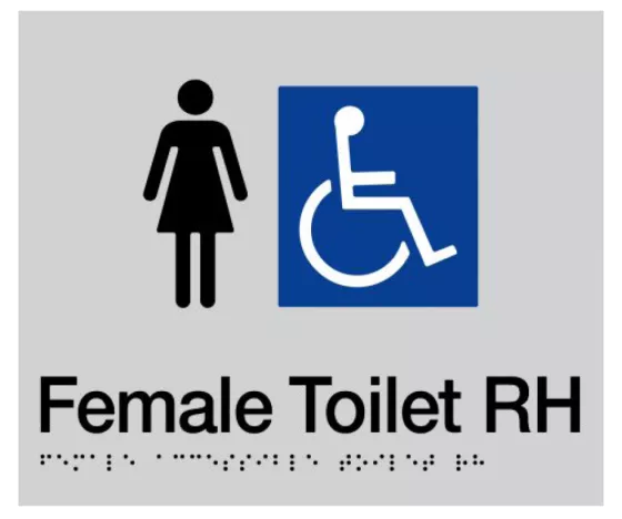 Braille Sign, Female Wheelchair Accessible Toilet Right Hand, 210 x 180mm, Silver/Black PVC