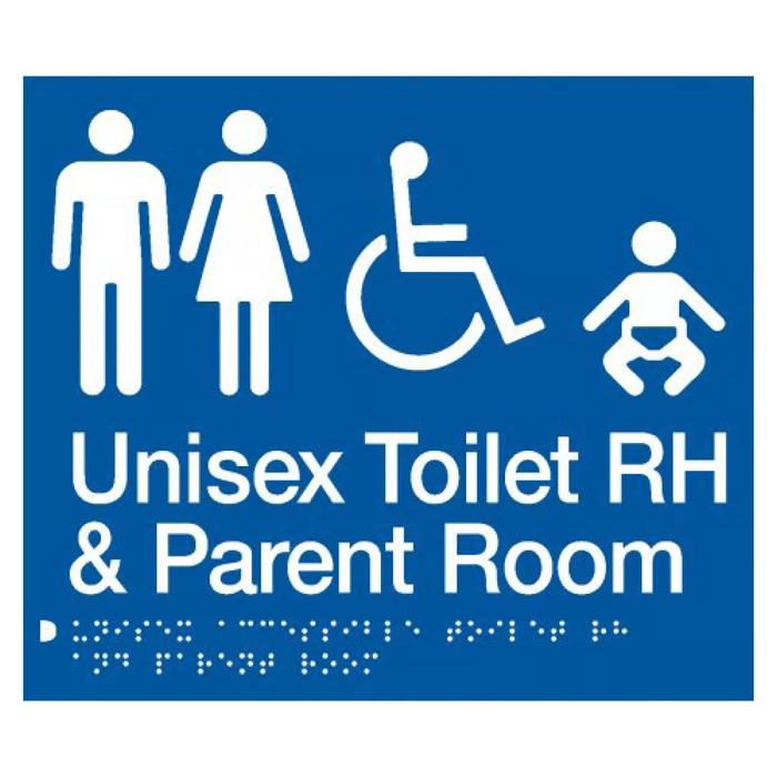 Braille Sign, Unisex Wheelchair Accessible Toilet RH & Parent Room, 210 x 180mm, Blue/White PVC