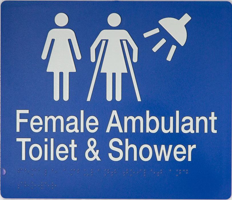 Braille Sign, Female Ambulant Toilet & Shower, 210 x 180mm, Blue/White PVC