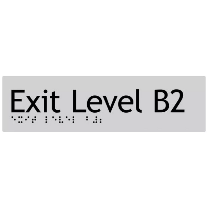 Braille Sign, Exit Level Basement 2, 180 x 50mm, Silver/Black PVC