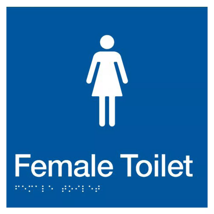 Braille Sign, Female Toilet, 180 x 180mm, Blue/White PVC