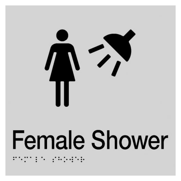 Braille Sign, Female Shower, 180 x 180mm, Silver/Black PVC