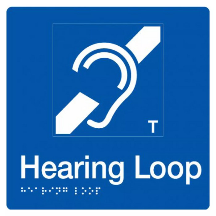 Braille Sign, Hearing Loop, 180 x 180mm, Blue/White PVC