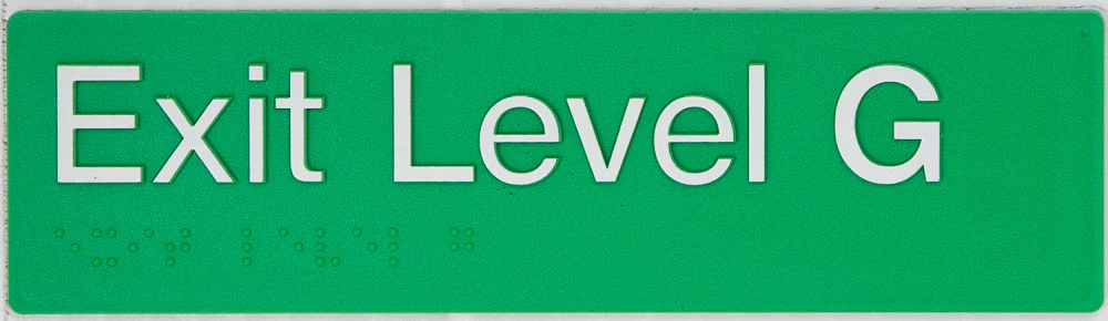 Braille Sign, Exit Level Ground, 180 x 50mm, Green/White PVC