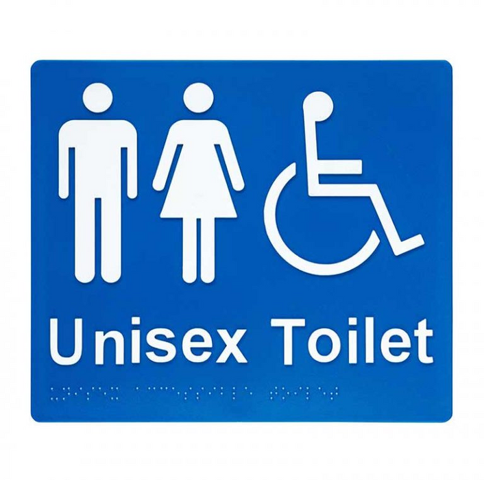 Braille Sign, Unisex Wheelchair Accessible Toilet, 210 x 180mm, Blue/White PVC