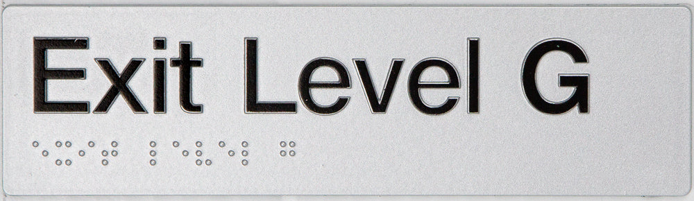 Braille Sign, Exit Level Ground, 180 x 50mm, Silver/Black PVC