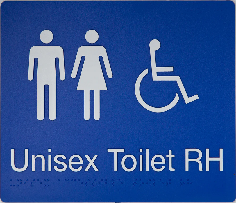 Braille Sign, Unisex Wheelchair Accessible Toilet Right Hand, 210 x 180mm, Blue/White PVC