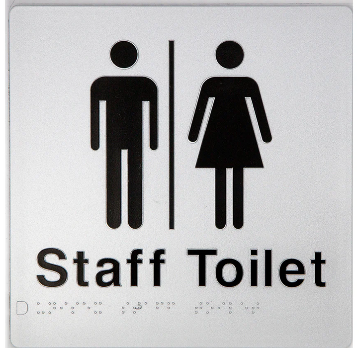 Braille Sign, Unisex Staff Toilet, 180 x 180mm, Silver/Black PVC