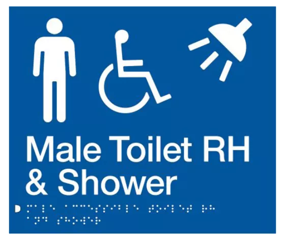 Braille Sign, Male Wheelchair Accessible Toilet & Shower Right Hand, 210 x 180mm, Blue/White PVC