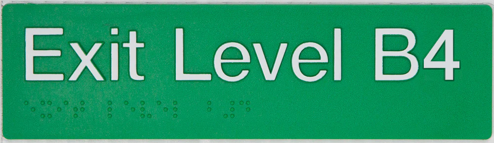 Braille Sign, Exit Level Basement 4, 180 x 50mm, Green/White PVC