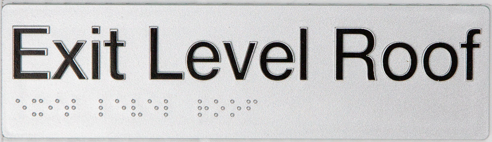 Braille Sign, Exit Level Roof, 180 x 50mm, Silver/Black PVC