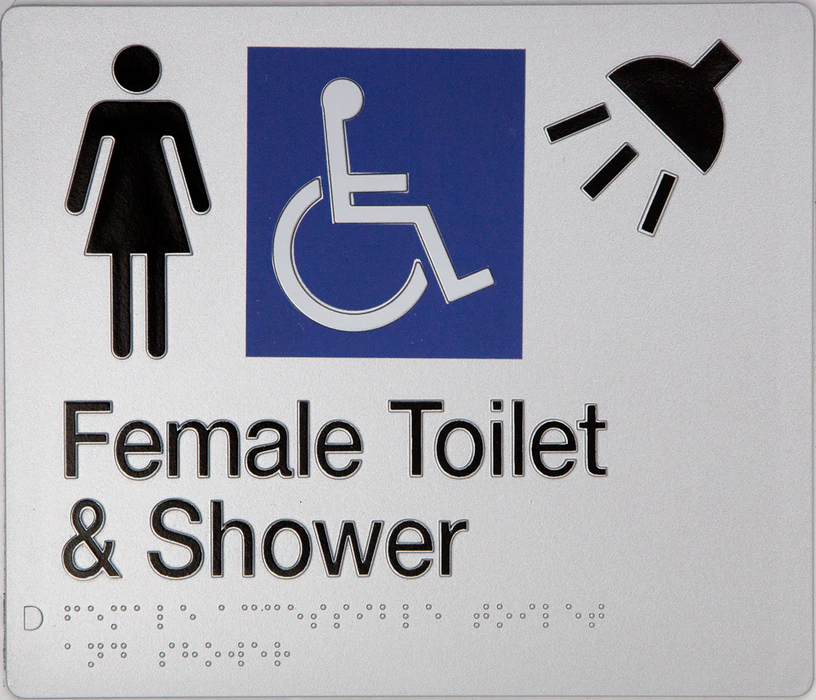 Braille Sign, Female Wheelchair Accessible Toilet & Shower, 210 x 180mm, Silver/Black PVC