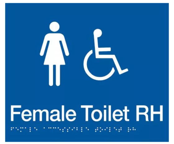 Braille Sign, Female Wheelchair Accessible Toilet Right Hand, 210 x 180mm, Blue/White PVC