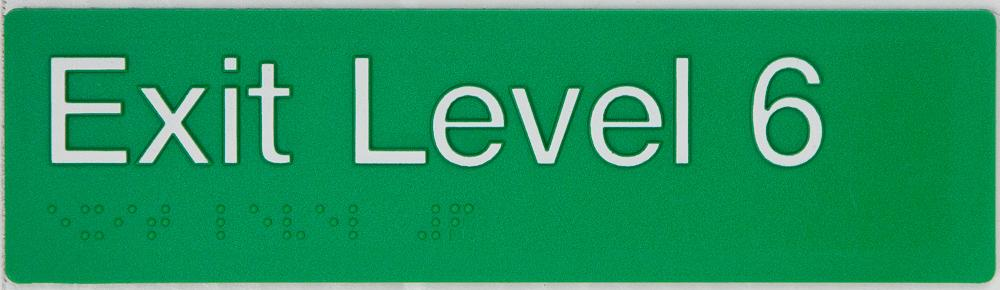 Braille Sign, Exit Level 6, 180 x 50mm, Green/White PVC