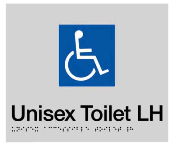 Braille Sign, Unisex Disabled Toilet Left Hand, 210 x 180mm, Silver/Black PVC