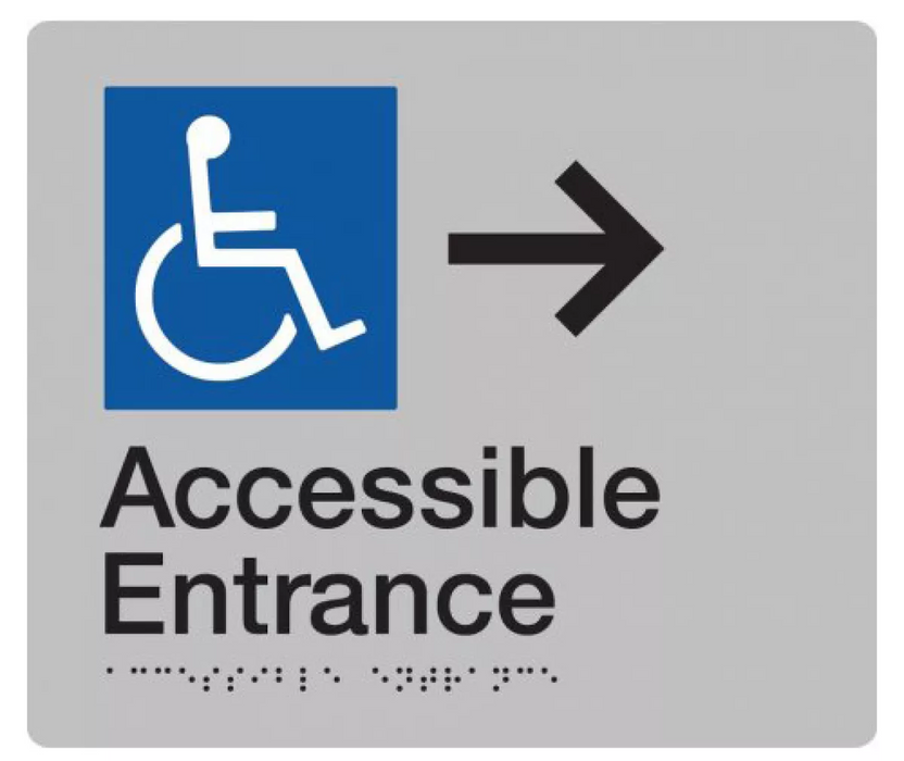 Braille Sign, Wheelchair Accessible Entrance Right, 210 x 180mm, Silver/Black PVC