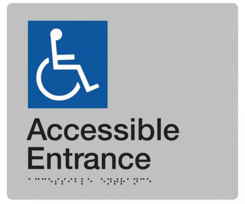 Braille Sign, Wheelchair Accessible Entrance, 210 x 180mm, Silver/Black PVC