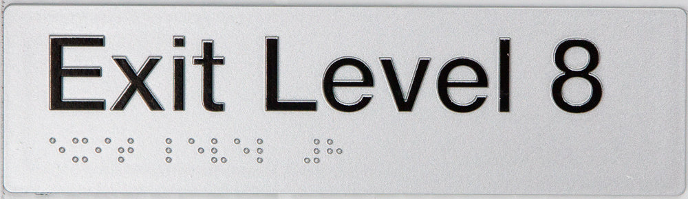 Braille Sign, Exit Level 8, 180 x 50mm, Silver/Black PVC